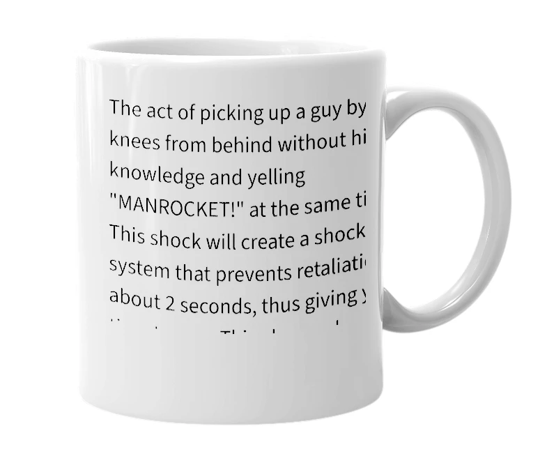 White mug with the definition of 'Manrocket'
