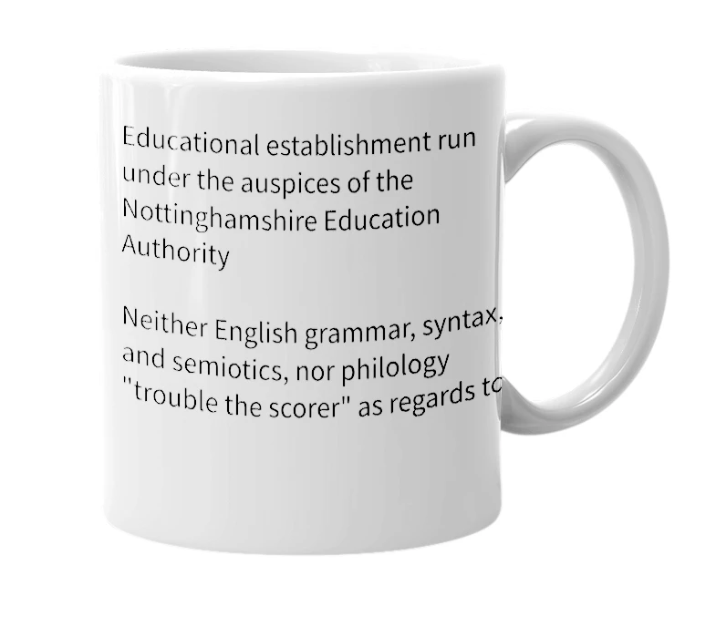White mug with the definition of 'Mansfield Technical College'