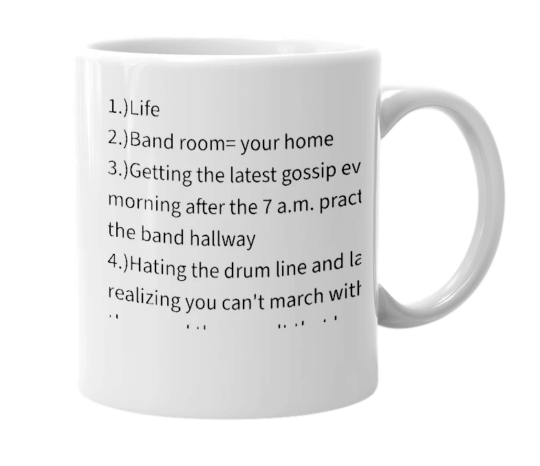 White mug with the definition of 'Marching band'