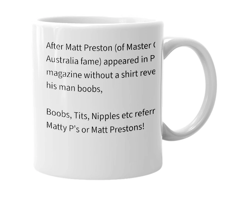 White mug with the definition of 'Matty P's'