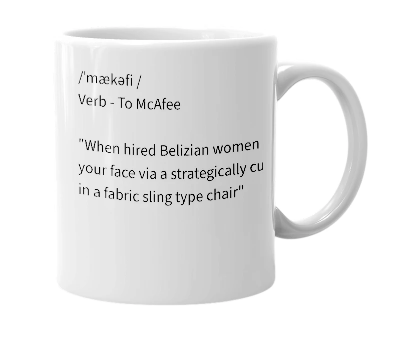 White mug with the definition of 'McAfee'