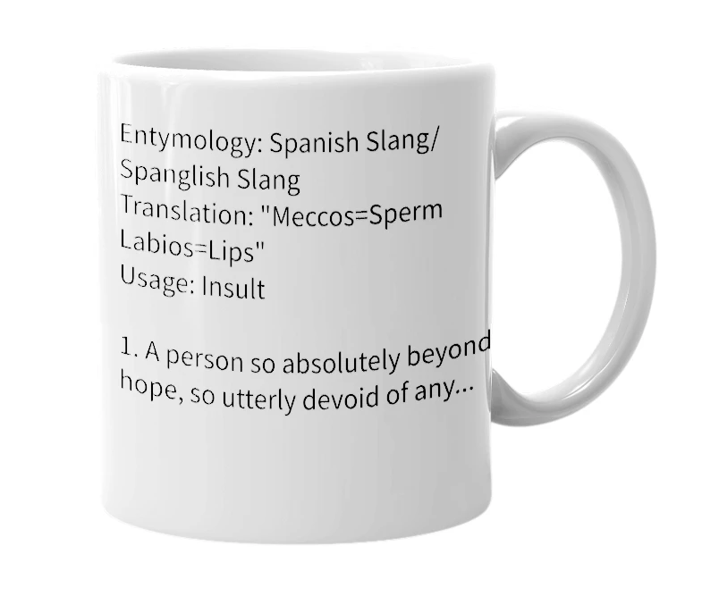 White mug with the definition of 'Meccoslabios'