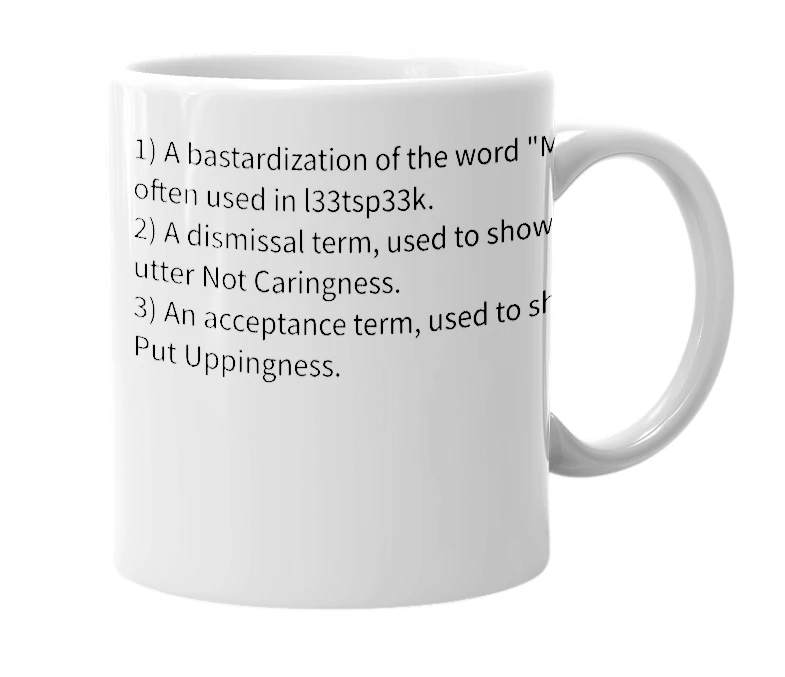 White mug with the definition of 'Meh'