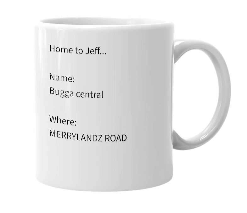 White mug with the definition of 'Merrylands road'