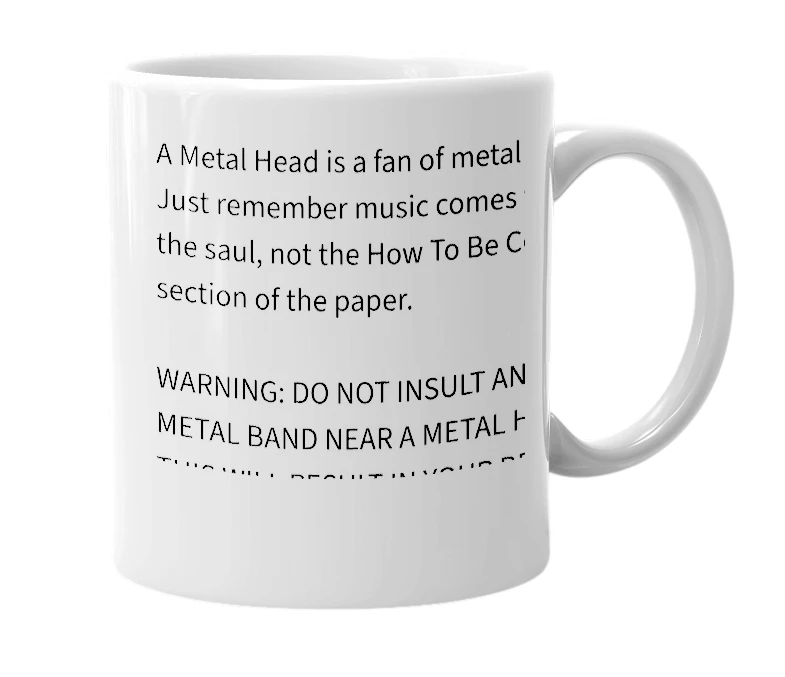 White mug with the definition of 'Metal Head'