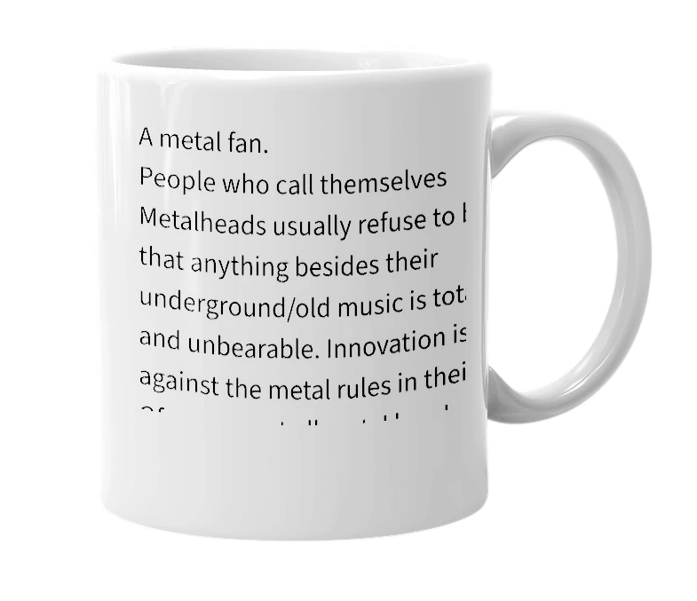 White mug with the definition of 'Metalhead'