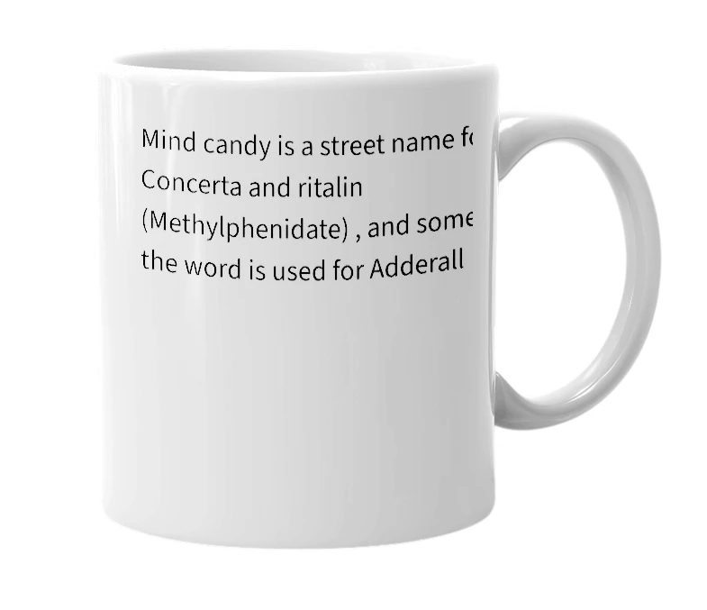 White mug with the definition of 'Mind Candy'