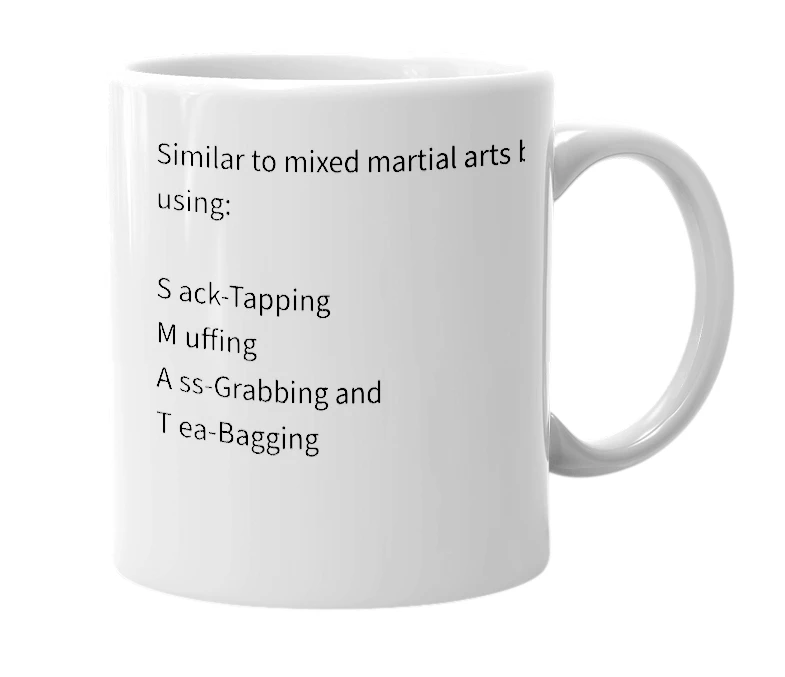 White mug with the definition of 'Mixed SMAT Arts'