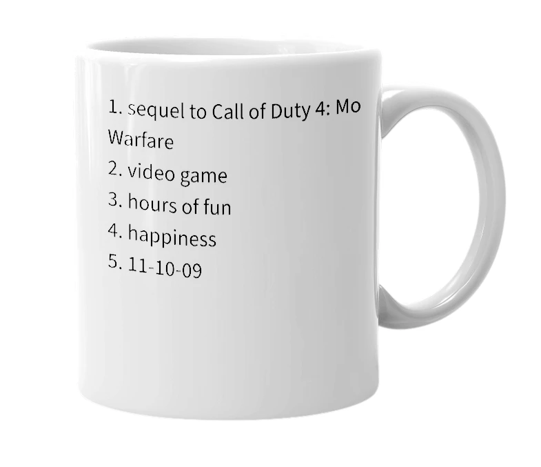 White mug with the definition of 'Modern Warfare 2'