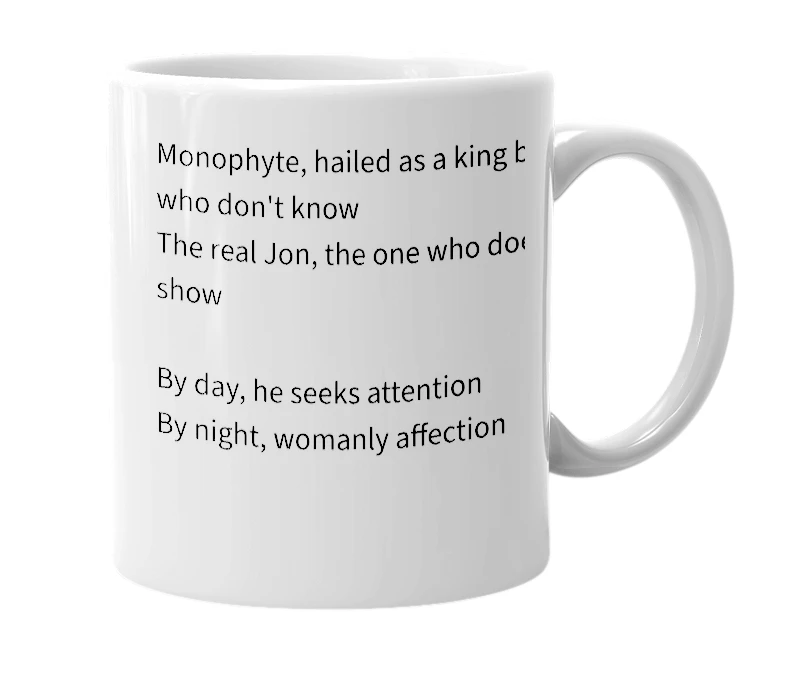 White mug with the definition of 'Monophyte'