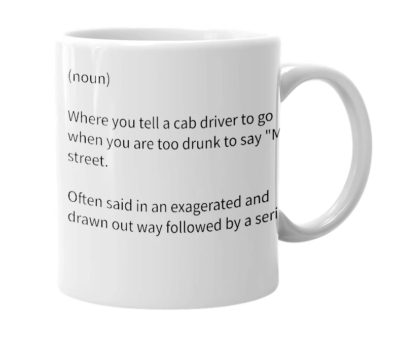 White mug with the definition of 'Moon Street'