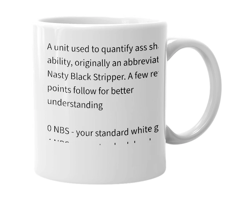 White mug with the definition of 'NBS'