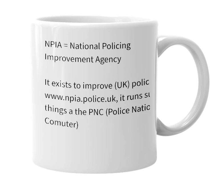 White mug with the definition of 'NPIA'