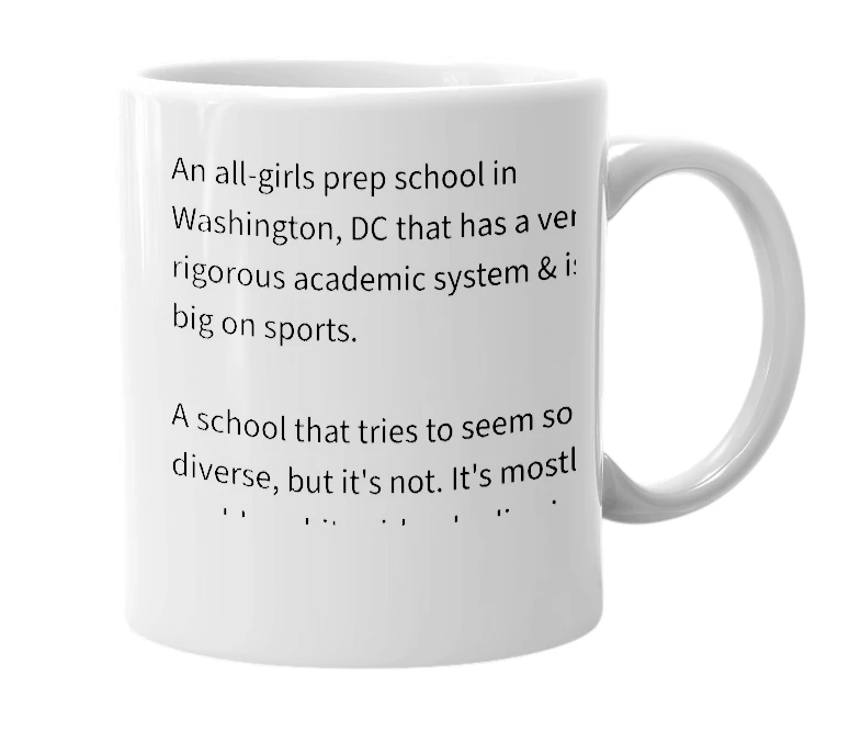 White mug with the definition of 'National Cathedral School'