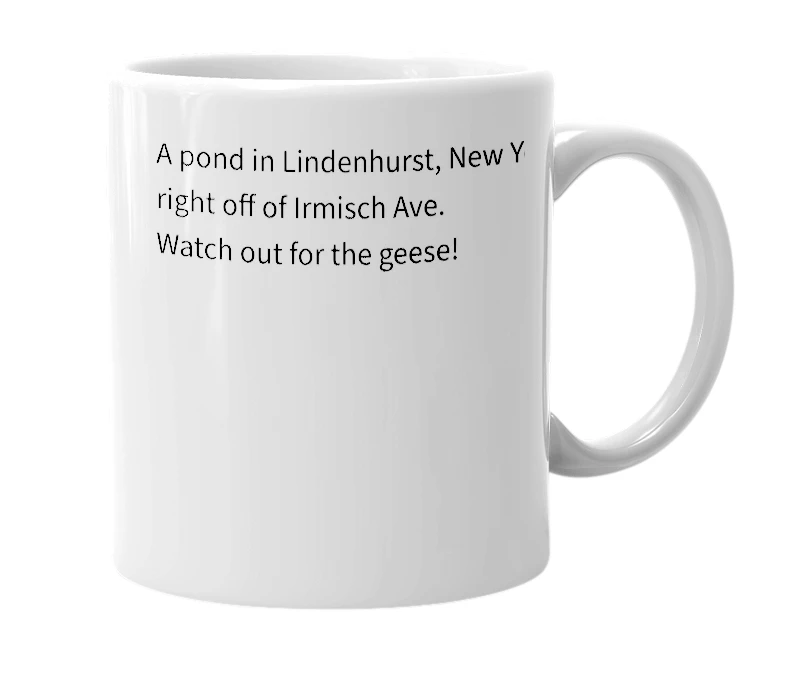 White mug with the definition of 'Neguntatogue Creek Pond'