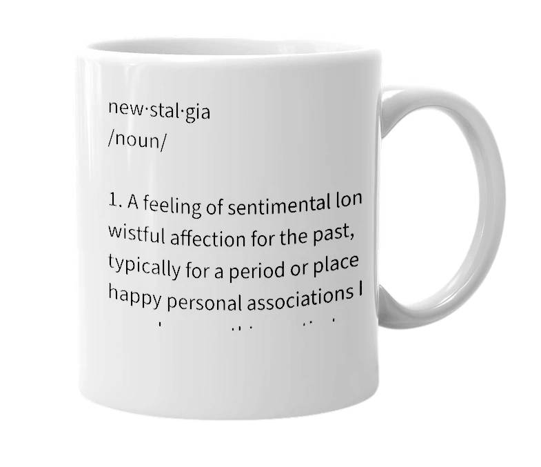 White mug with the definition of 'Newstalgia'