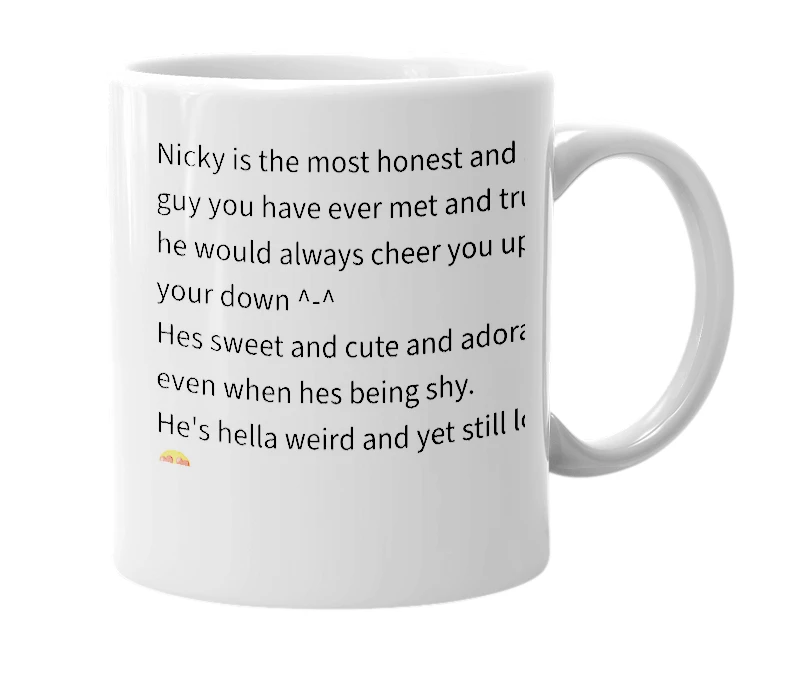 White mug with the definition of 'Nicky'