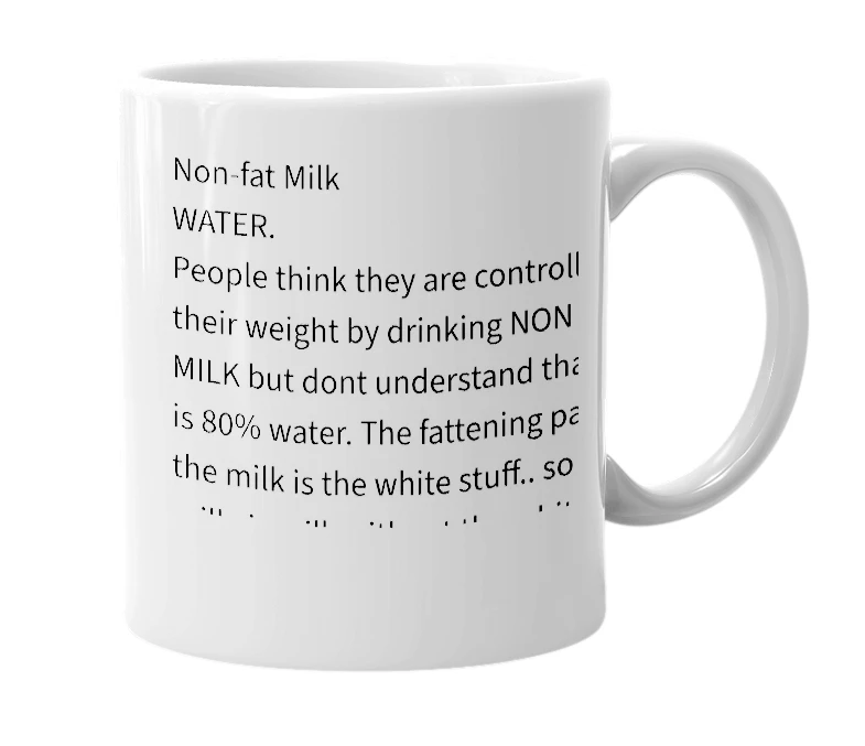 White mug with the definition of 'Non-fat Milk'