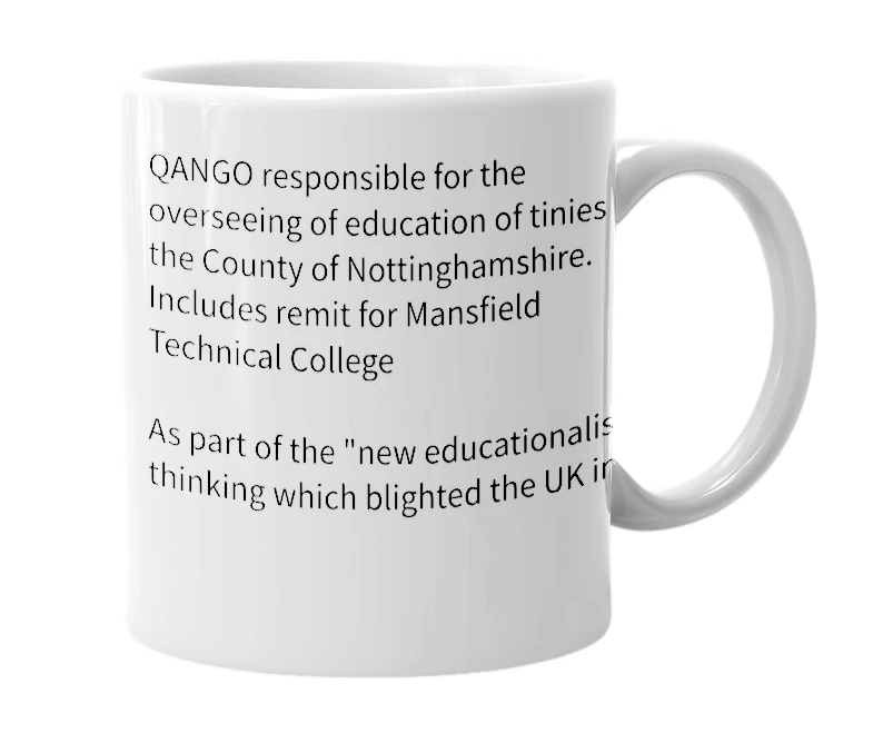 White mug with the definition of 'Nottinghamshire Education Authority'
