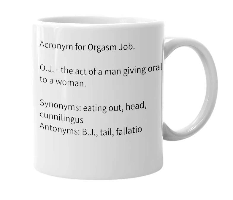 White mug with the definition of 'O.J.'