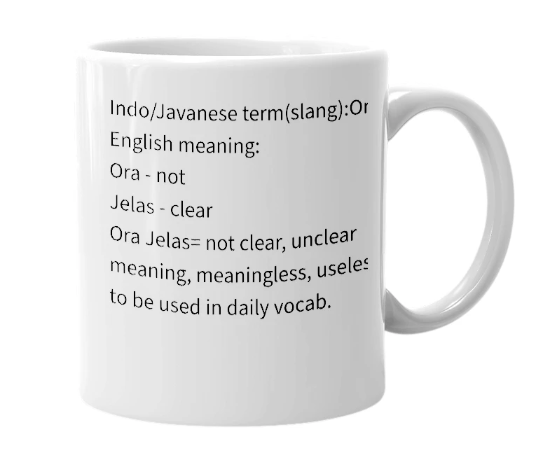 White mug with the definition of 'OJ'