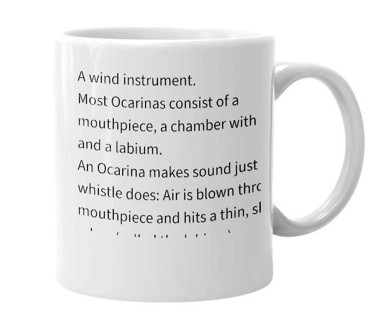 White mug with the definition of 'Ocarina'