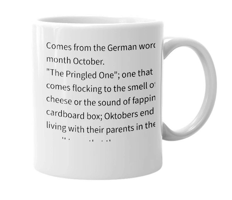 White mug with the definition of 'Oktober'