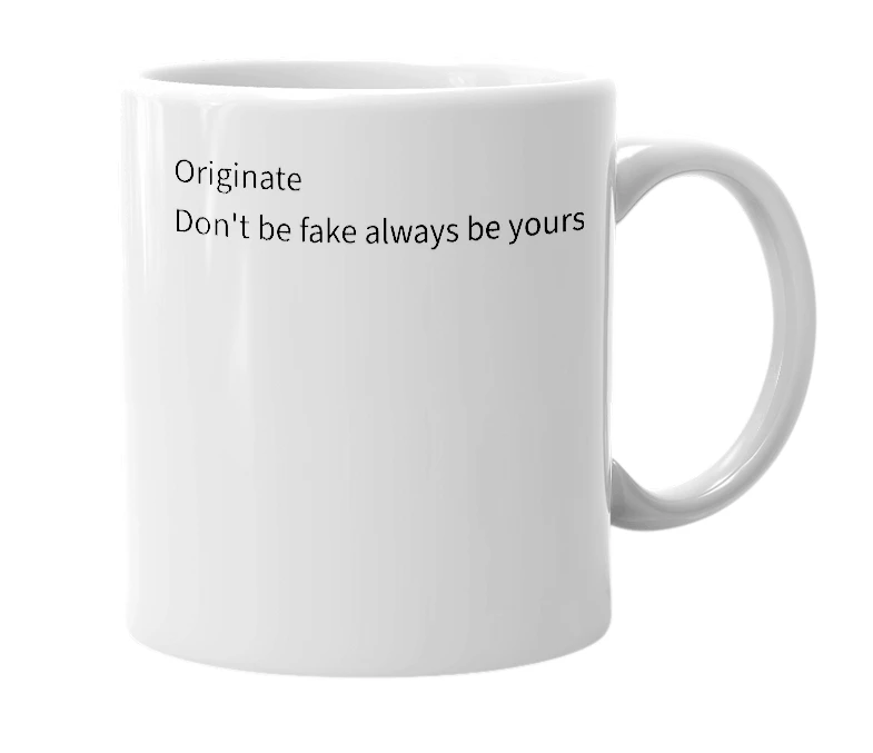 White mug with the definition of 'Originate'