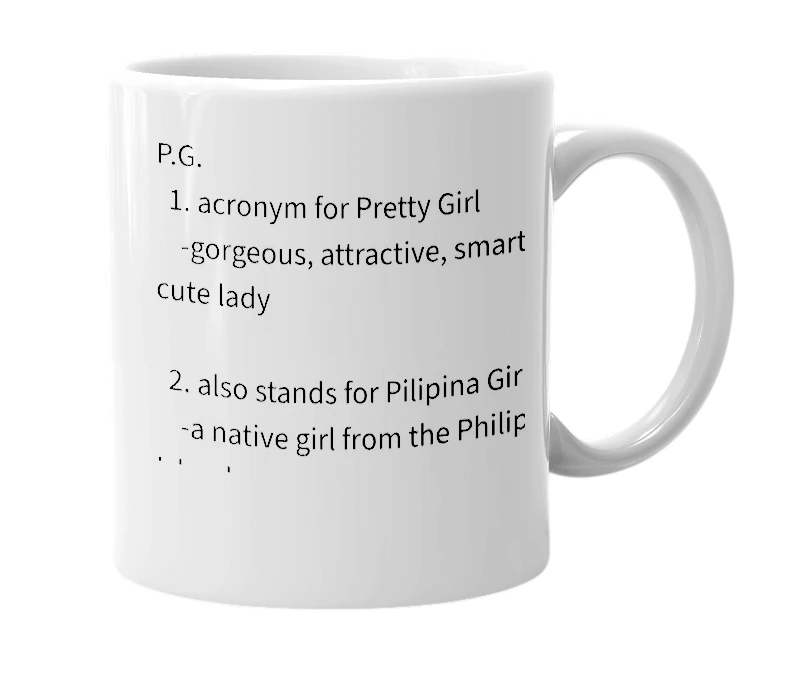 White mug with the definition of 'P.G.'