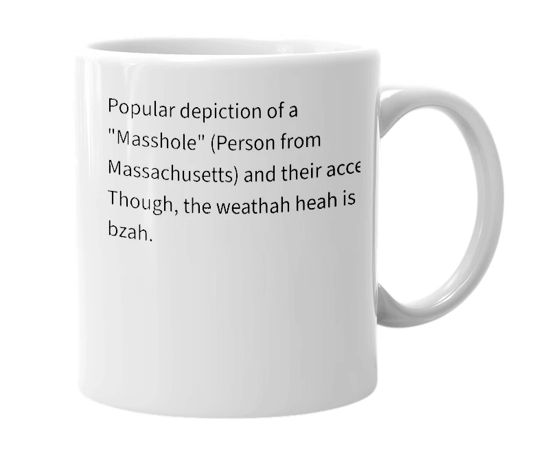 White mug with the definition of 'Pahk The Cah in Hahvahd Yahd'