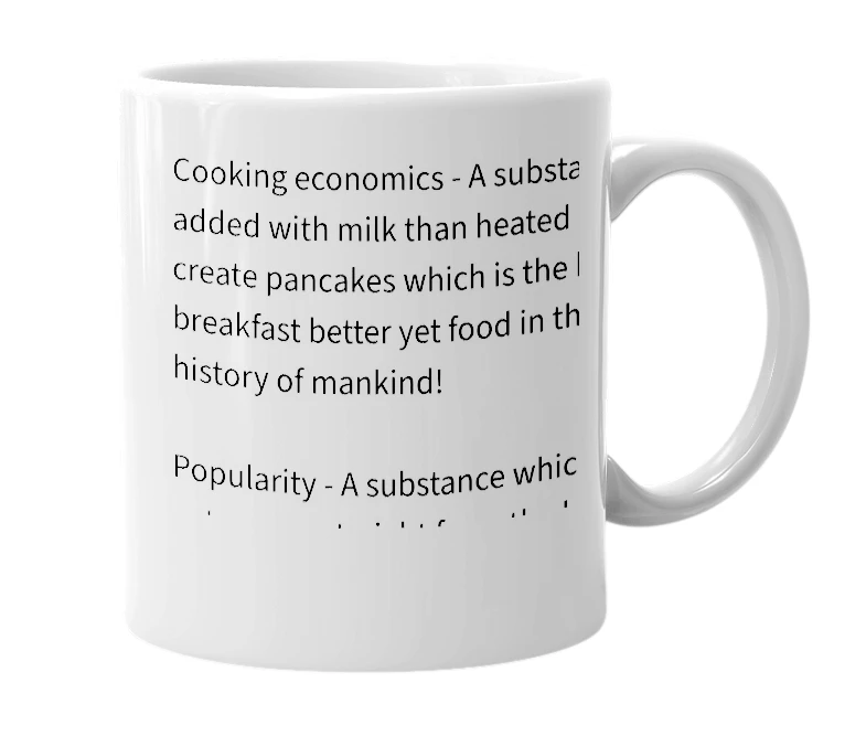 White mug with the definition of 'Pancake Mix'
