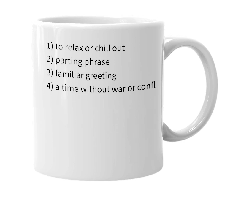 White mug with the definition of 'Peace'