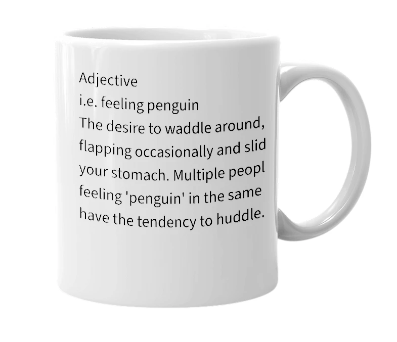 White mug with the definition of 'Penguin'