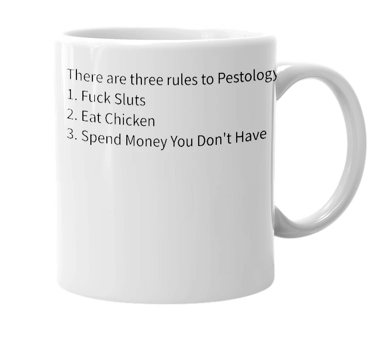 White mug with the definition of 'Pestology'