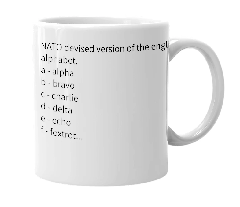 White mug with the definition of 'Phonetic Alphabet'