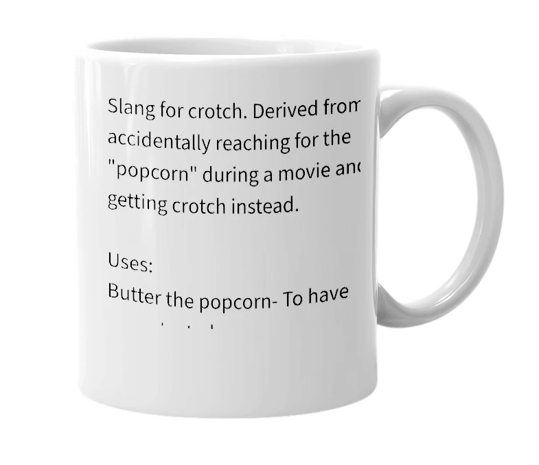 White mug with the definition of 'Popcorn'