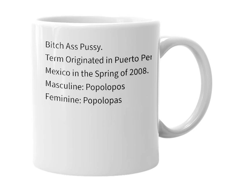 White mug with the definition of 'Popolopas'