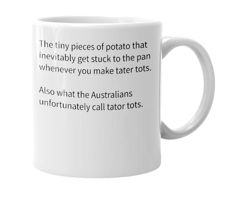 White mug with the definition of 'Potato gems'