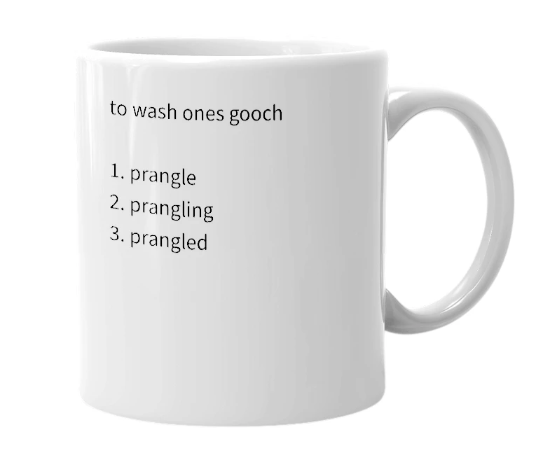 White mug with the definition of 'Prangle'