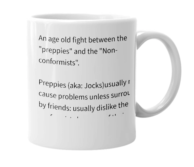 White mug with the definition of 'Preppy vs. Non-conformists'