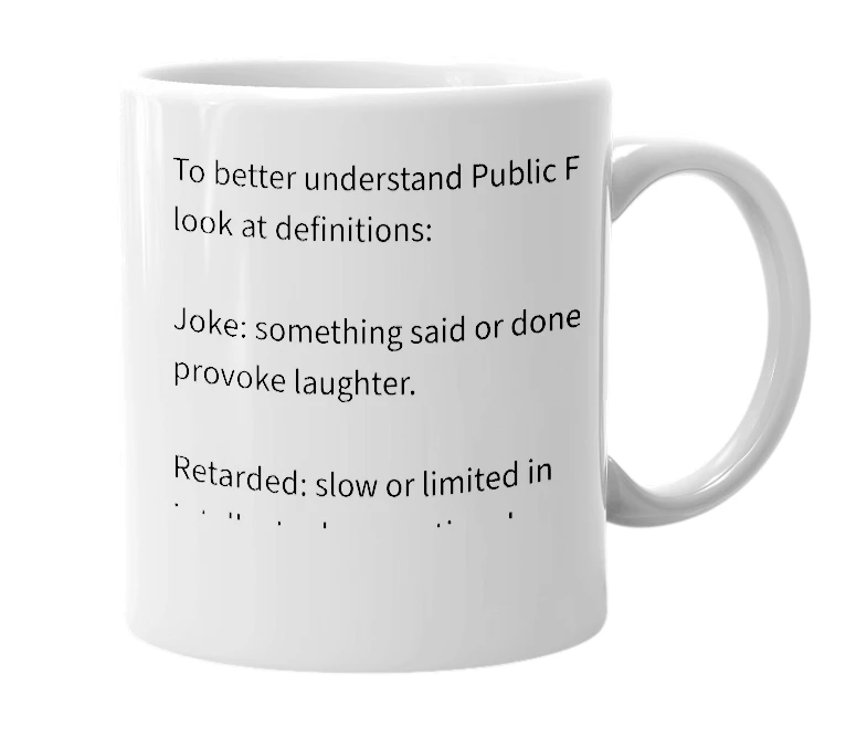 White mug with the definition of 'Public Forum'