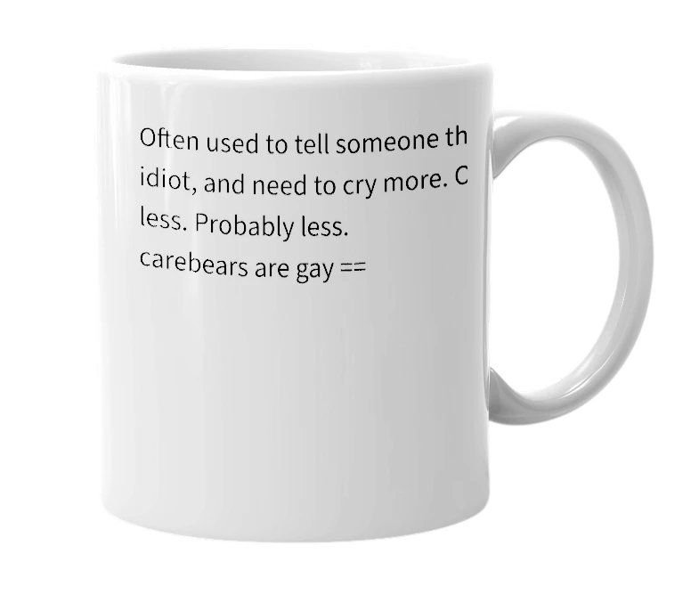 White mug with the definition of 'QQ Carebear'