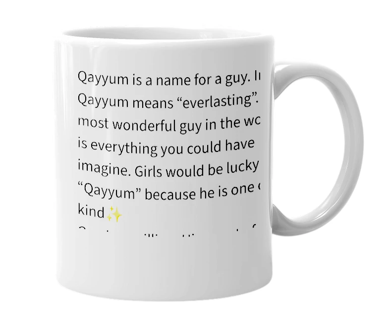 White mug with the definition of 'Qayyum'