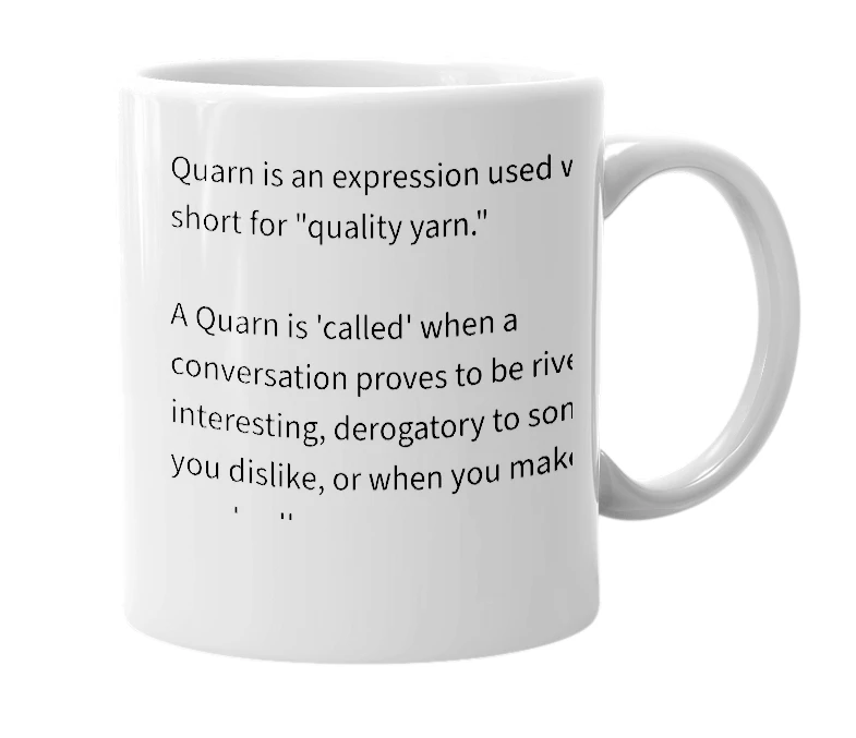 White mug with the definition of 'Quarn'