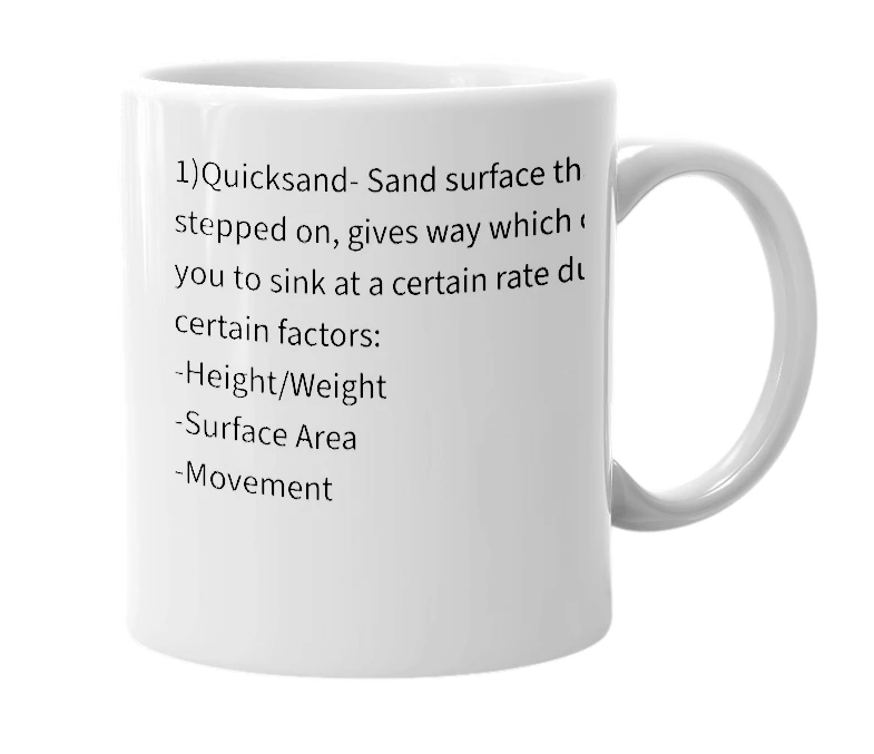 White mug with the definition of 'Quicksand'