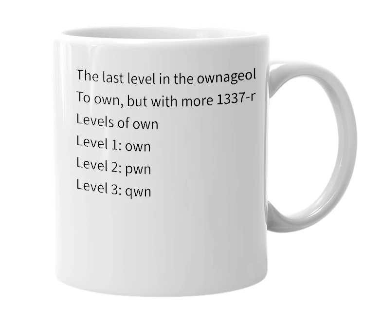 White mug with the definition of 'Qwn'