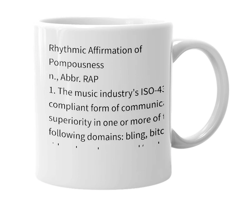 White mug with the definition of 'RAP'