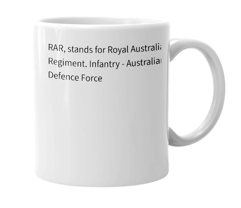 White mug with the definition of 'RAR'