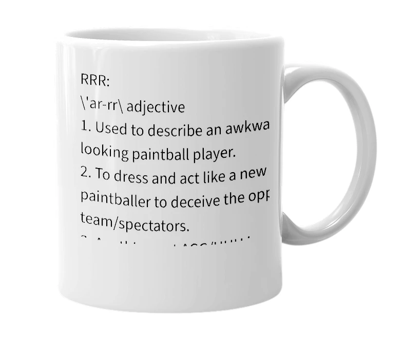 White mug with the definition of 'RRR'