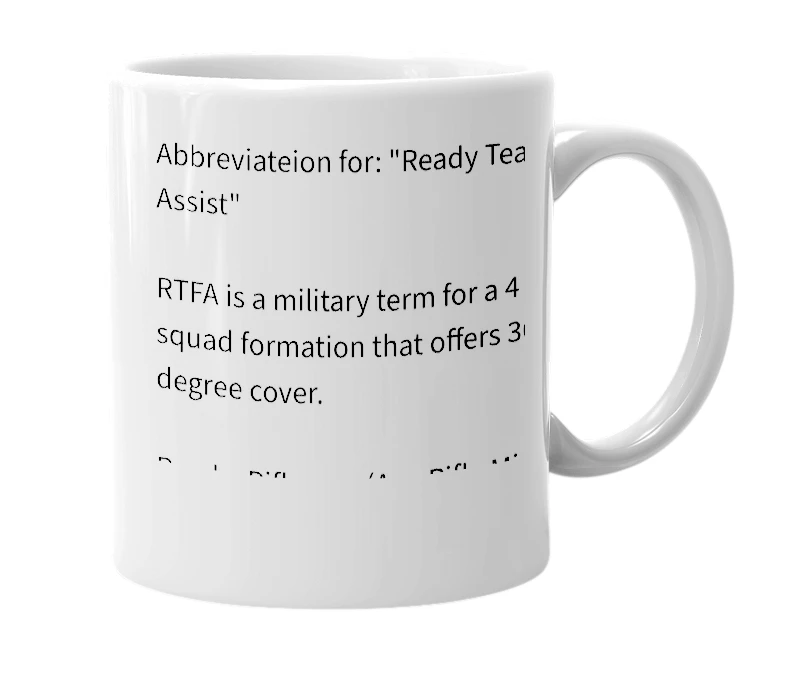 White mug with the definition of 'RTFA'